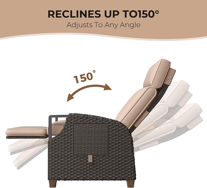 Grand patio Outdoor Recliner with Independent Adjustable Back and Footrest, Air Pump 150° Lay Flat Reclining Chair Removable Olefin Cushion Flip-Up Table Wicker Beige 1PC