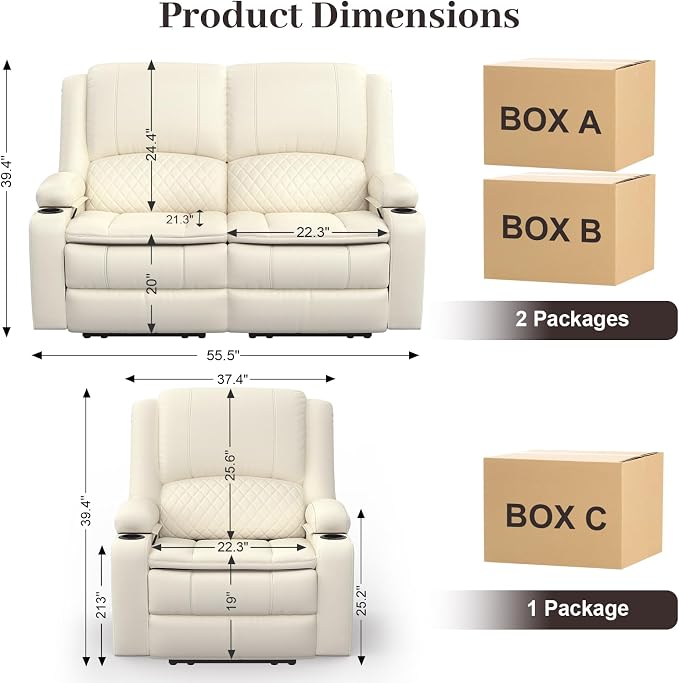 Yolsali Loveseat Recliner Sofa Set with 2-Tier Cushion, 2+1 Pieces in Living Room, 2 Seater Reclining Loveseat Leather with Removable Console, 1 Oversize Recliner Chair Sofa Seat - White PU
