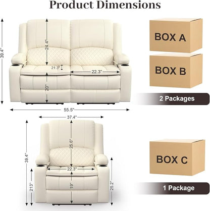Yolsali Loveseat Recliner Sofa Set with 2-Tier Cushion, 2+1 Pieces in Living Room, 2 Seater Reclining Loveseat Leather with Removable Console, 1 Oversize Recliner Chair Sofa Seat - White PU