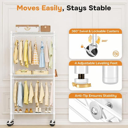 Simple Deluxe Rolling Clothes Rack, Heavy Duty Clothing Rack, 3-Shelf Portable Adjustable Wardrobe Closet with Wheels, Hanging Rods & Side Hooks, 29.5" W x 15.7" D x 75.6" H, White