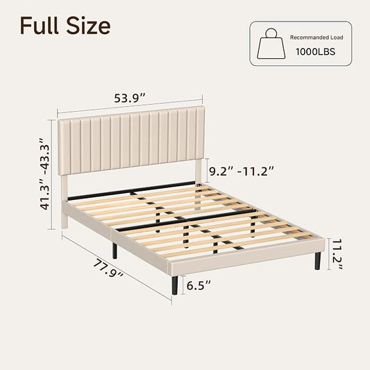 Full Size Platform Bed Frame with Vertical Channel Tufted Headboard, No Box Spring Needed, Noise-Free, Easy Assembly, Beige Velvet