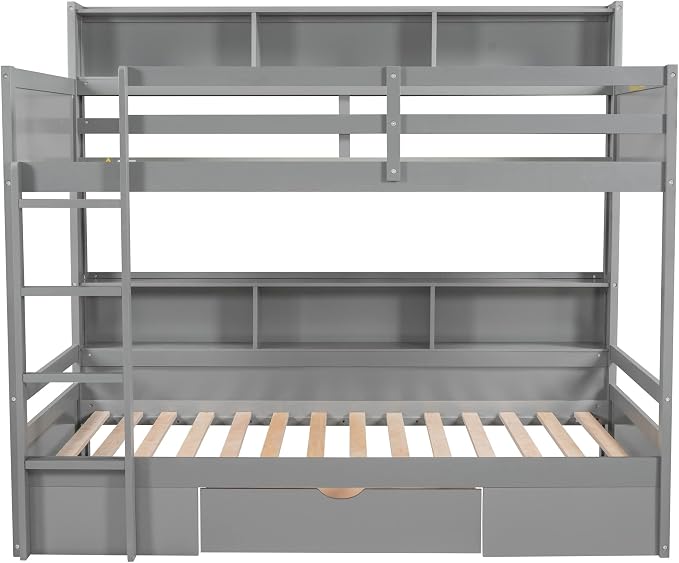 RUNNA Twin Bunk Bed with Storage Drawer,Shelves,Ladder,Gray | Twin bunk bed with storage drawer, shelves, ladder, guardrails, solid wood, no box spring needed, white, kids teens
