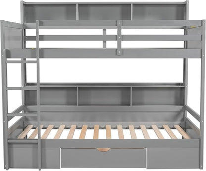RUNNA Twin Bunk Bed with Storage Drawer,Shelves,Ladder,Gray | Twin bunk bed with storage drawer, shelves, ladder, guardrails, solid wood, no box spring needed, white, kids teens