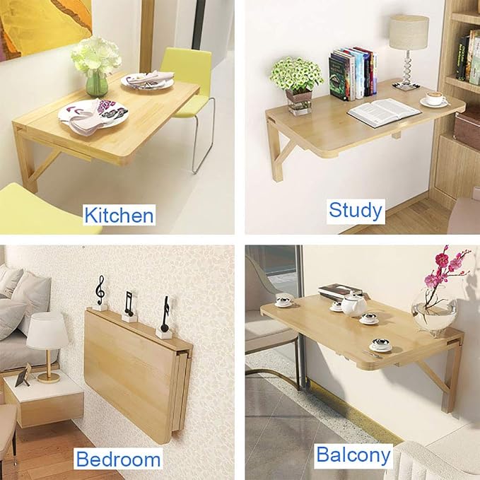 MM MELISEN Solid Wood Wall-Mounted Folding Table in Natural, 23.6" D x 15.7" W. A Space-Saving fold-Down Desk, Ideal for Laundry Rooms, Kitchens, Home Offices, or as a Kids' Study Desk