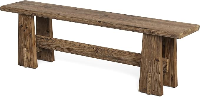 LITTLE TREE 59" Solid Wood Bench, Farmhouse Entryway Bench, Long Retro Bench for End of Bed, Dining Room, Entryway, Hallway, Living Room, Bedroom, Kitchen, Sturdy Frame Design, Rustic Brown