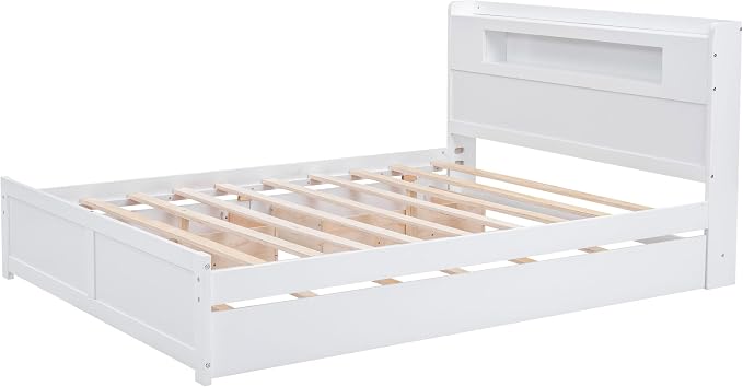 GDFStudio Queen Size Storage Bed with LED Headboard, 2 Drawers and Twin Trundle, Modern Wooden Platform Bed Frame for Bedroom Organization, No Box Spring Needed, Easy Assembly, White