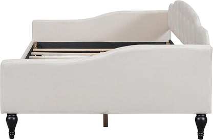 Merax Full Size Daybed, Solid Wood Sofa Bed Frame, Upholstered Tufted Daybed for Living Room, Bedroom and Guest Room, Beige
