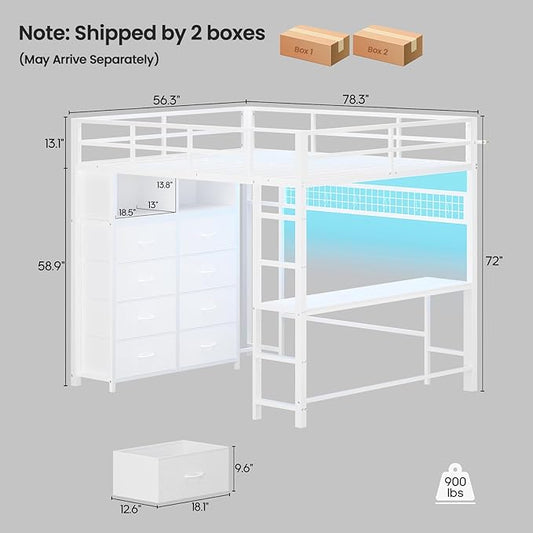 ADORNEVE Loft Bed Full Size with Desk and 8 Storage Drawers, LED Metal Loft Bed with Power Outlet, 2 Shelves & Clothing Rack, Bed with Safety Guardrail & Ladder,Space-Saving, White