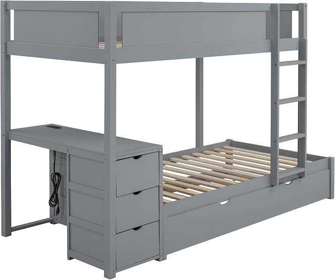 Ball & Cast Twin-Over-Twin Bunk Bed with Twin Size Trundle,Solid Wood Bedframe W/Desk & Drawers,USB,Space Saving,Easy Assembly,Multifunctional Bedroom Furniture Set for Boys Girls Teens,Gray