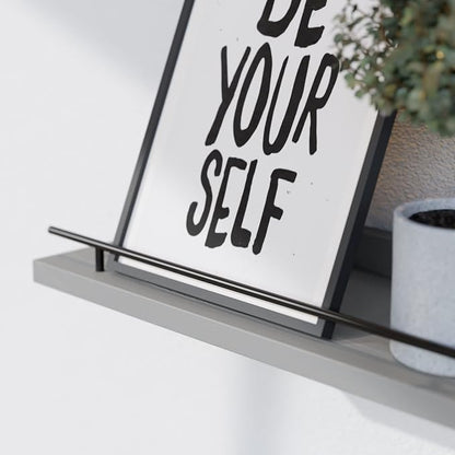 WOPITUES Floating Shelves 24 inch with Black Metal Guardrail, Shelves for Wall Decor Set of 3, Wall Shelves for Bedroom, Bathroom, Kitchen, Living Room, Plants, Picture Frames, Art- Grey
