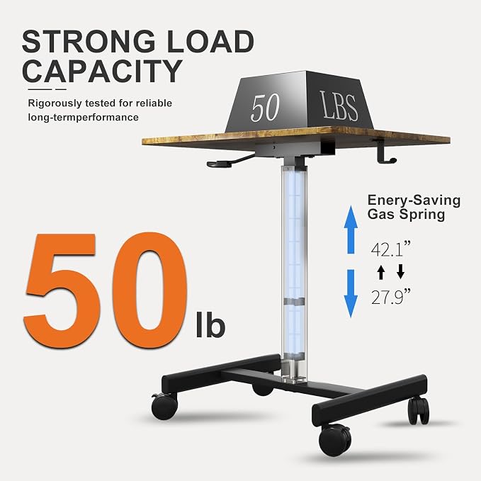 18.9*25.6 inch Mobile Standing Desk,T Shaped Pneumatic Adjustable Height Stand Up Desk,with Lockable Wheels,Ergonomic Standing Side Table for Home Office Work Computer Workstation BROWN+BLACK