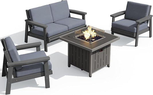 SERWALL Patio Furniture Set with 33” Fire Pit Table, HDPE Outdoor Sectional Sofa Set with Thickened Cushions, Grey Frame with Grey Cushions