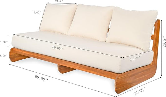 Merax Outdoor Acacia Wood Sofa with All-Weather Cushions, Patio Low 3-Seater Lounge Sofa for Porch, Lawn, Backyard, Balcony, Beige +Teak