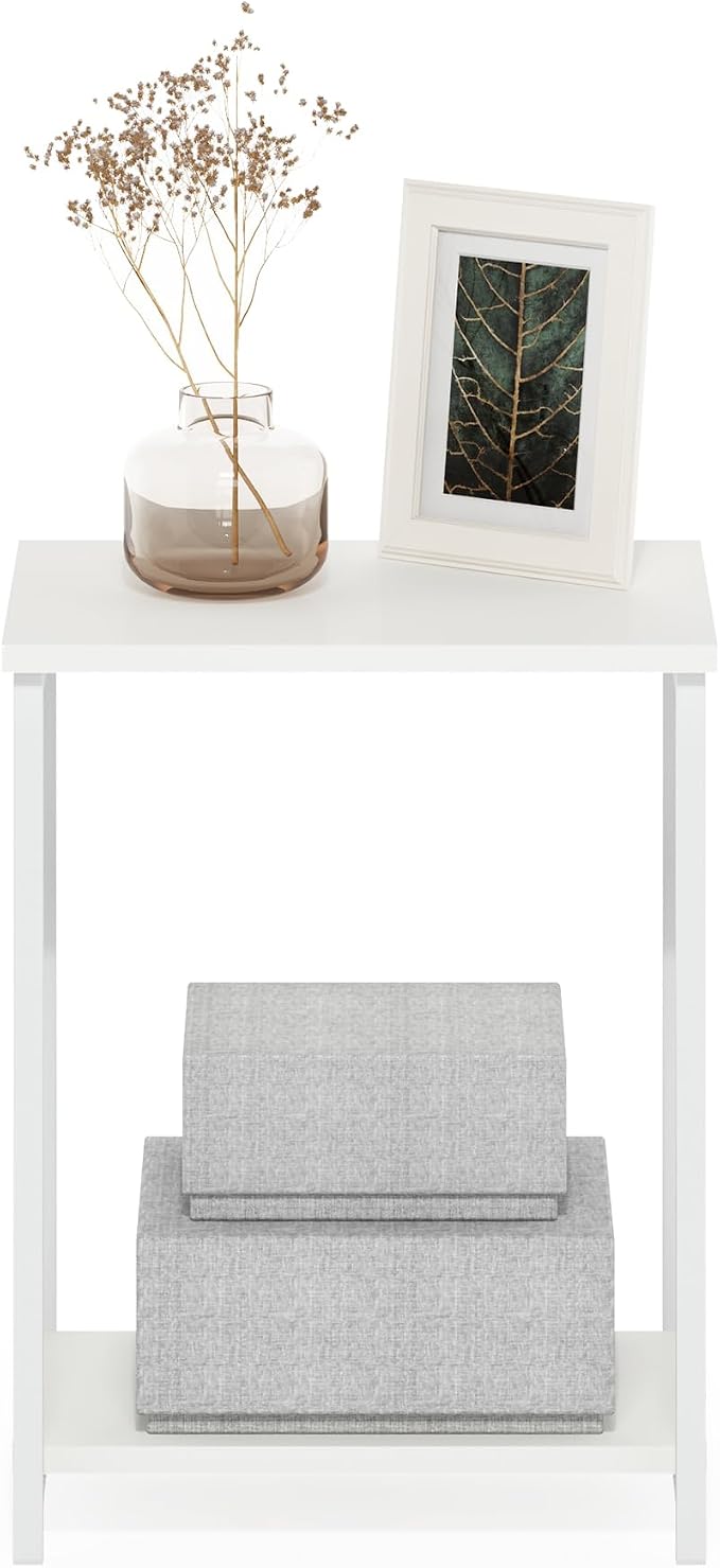 Furinno Simplistic Side Table, 2-Tier Metal Frame Modern End Table with Open Shelf, Night Stand, Bedside Table, for Living Room, Bedroom, White