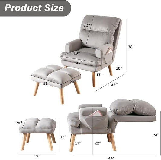 CANMOV Modern Accent Chair with Ottoman Set of 2, Soft Fabric Armchair with Adjustable Backrest and Side Pockets, Comfy Lounge Chair for Living Room, Bedroom, Apartment, Office, Grey