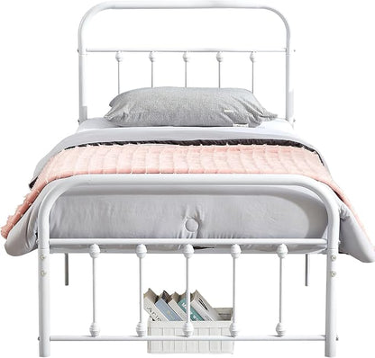 VECELO Twin Size Sturdy Metal Platform Bed Frame Classic Victorian Style Bed Frame with Headboard and Footboard Under Bed Storage No Box Spring Needed White