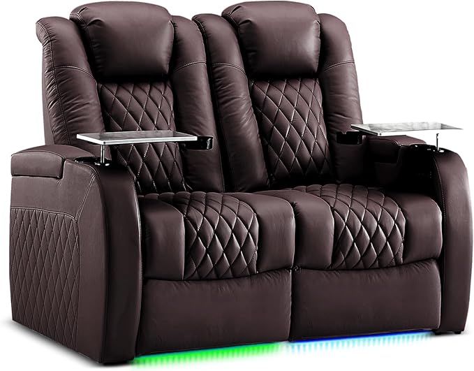 Weilianda Home Theater Seating Top Grain Leather Zero Gravity Recliner Chair Power Headrest Recline Movie Seat Gaming 7 Colors Mood Light Sofa with Tray Table USB Charge Row of 2 Loveseat Brown