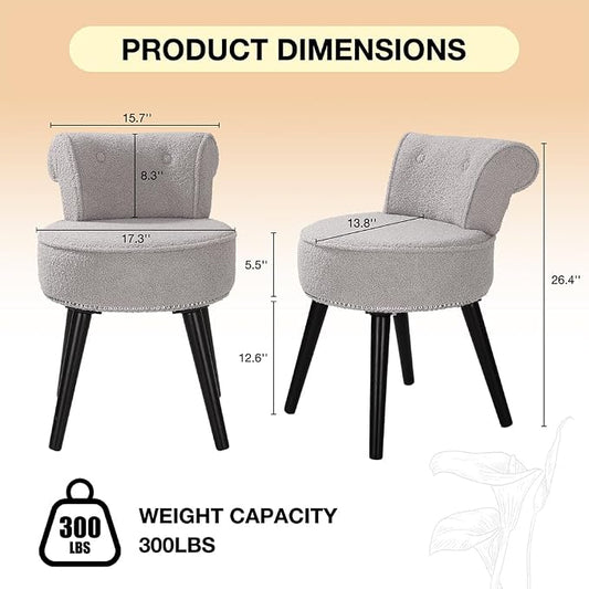 Vanity Chair with Back, Sherpa Stool with Tufted Backrest & Silver Nailhead Trim, Round Vanity Seat for Bedroom and Bathroom Makeup, Support 220lbs, Easy Assembly (Teddy Gray)