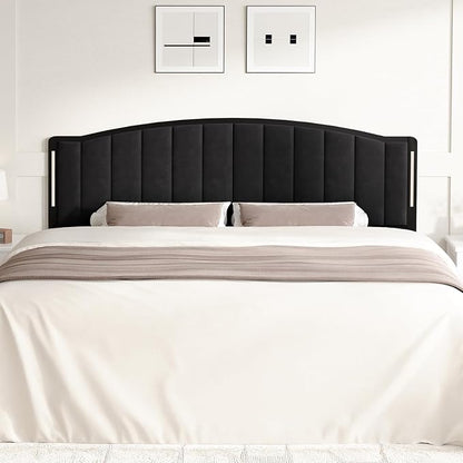 Headboard for Queen Size Bed with LED Lights, Upholstered Vertical Channel Tufting Head Boards, Velvet Headboard Only, Attach Frame, Ideal for Bedroom, Dorm, Guest Room, Black
