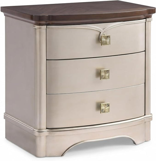 First of a Kind Traditional Wood Nightstand - Curved Frame, Carved Detailing, 28-Inch Wide - Classic European Style Bedroom Furniture with Soft Champagne Finish