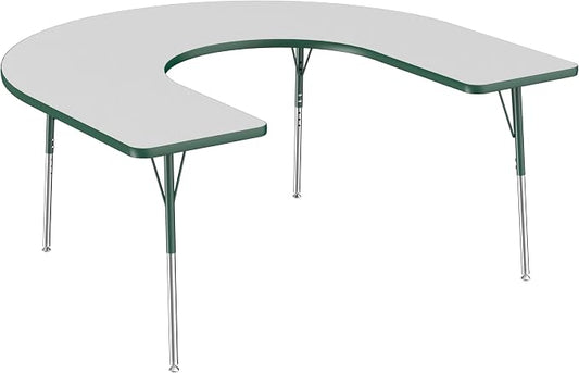 FDP Horseshoe Activity School and Office Table (60 x 66 inch), Standard Legs with Swivel Glides for Collaborative Seating Environments, Adjustable Height 19-30 inches - Gray Top and Green Edge