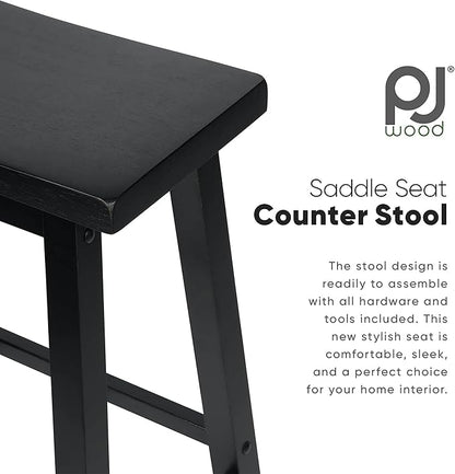 PJ Wood Classic Saddle-Seat 24'' Tall Kitchen Counter Stool for Homes, Dining Spaces, and Bars with Backless Seat, 4 Square Legs, Black (4 Pack)