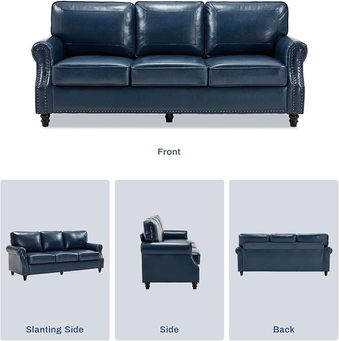 Kingfun 3 Seater Sofa, Mid-Century Modern Faux Leather Couch Set for Living Room, Blue with Rolled Arms & Nailhead Trim, Easy Assembly