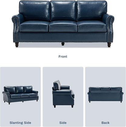Kingfun 3 Seater Sofa, Mid-Century Modern Faux Leather Couch Set for Living Room, Blue with Rolled Arms & Nailhead Trim, Easy Assembly