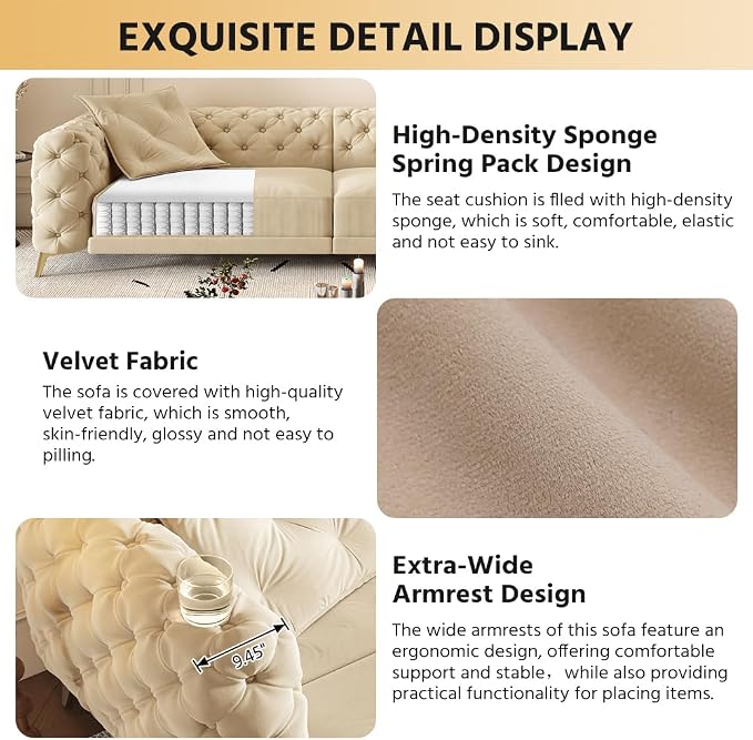 97.7'' Pull Out Sofa Bed King, Chesterfield Velvet Sleeper Sofa, Convertible L-Shaped Futon Couch, Tufted Back, Ottoman, Deep Seat Loveseat Couches for Living Room, Apartment, Honey Beige