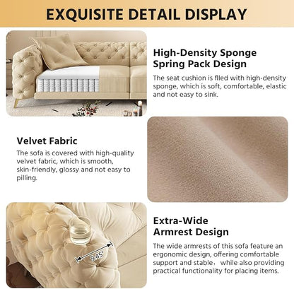 97.7'' Pull Out Sofa Bed King, Chesterfield Velvet Sleeper Sofa, Convertible L-Shaped Futon Couch, Tufted Back, Ottoman, Deep Seat Loveseat Couches for Living Room, Apartment, Honey Beige