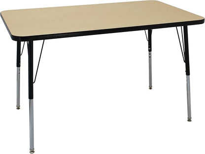 FDP Rectangle Activity School and Office Table (30 x 48 inch), Standard Legs with Swivel Glides, Adjustable Height 19-30 inches; Quick Ship Single Box - Maple Top and Black Edge