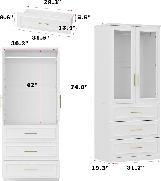 Timechee Almirah for Clothes, 74.8" Tall Bedroom Closet Storage Cabinet with Tempered Glass Doors and Shelves, Hanging Rod, White Standing Wardrobe Armoire Clothes Closet with Drawers for Bedroom
