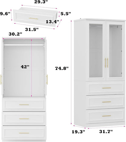 Timechee Almirah for Clothes, 74.8" Tall Bedroom Closet Storage Cabinet with Tempered Glass Doors and Shelves, Hanging Rod, White Standing Wardrobe Armoire Clothes Closet with Drawers for Bedroom