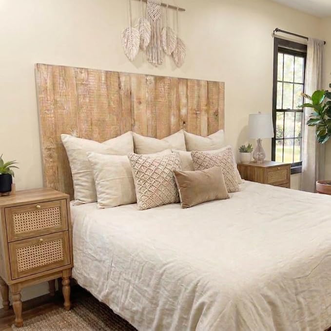 Barn Walls Boho Whitewash Headboard, Bohemian Design, Solid Wood Headboard, Floating Panels, Wall Mount, Adjustable Height, Easy Assembly, Queen Size