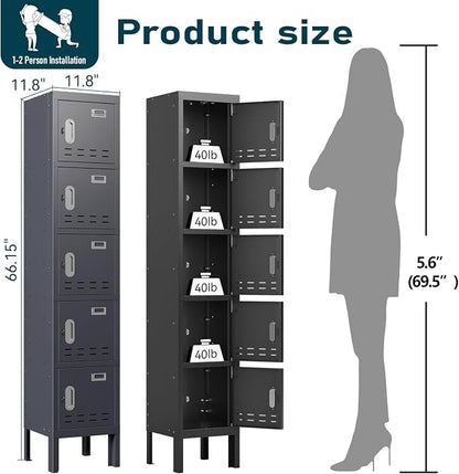 BUTISOW Metal Lockers - 66" Height Steel Lockers for Employees with 5 Door Storage Locker with Card Slot for Employees Gym School Home Office Garage - Assembly Required