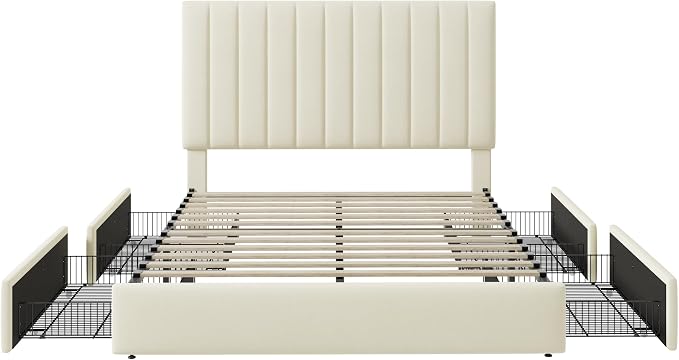 Allewie Queen Size Storage Bed Frame, Vertical Channel Tufted Adjustable Headboard, Velvet Upholstered Platform Bed with 4 Oversized Underbed Drawers, Wooden Slats Support, No Box Spring Needed, Cream