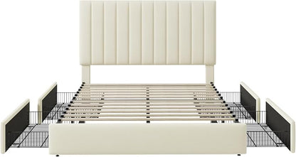 Allewie Queen Size Storage Bed Frame, Vertical Channel Tufted Adjustable Headboard, Velvet Upholstered Platform Bed with 4 Oversized Underbed Drawers, Wooden Slats Support, No Box Spring Needed, Cream