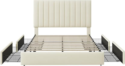 Allewie Full Size Storage Bed Frame, Vertical Channel Tufted Adjustable Headboard, Velvet Upholstered Platform Bed with 4 Oversized Underbed Drawers, Wooden Slats Support, No Box Spring Needed, Cream