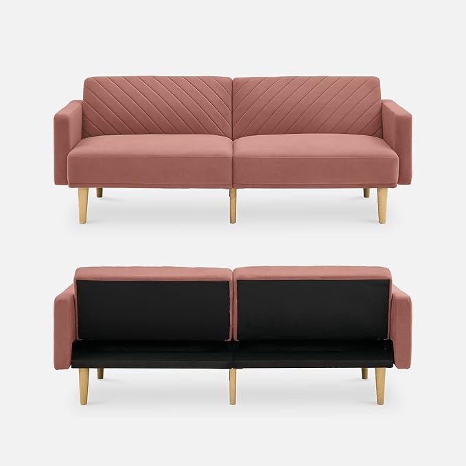 mopio 76.4" Futon Sofa Bed, Couch, Loveseat, Sleeper Sofa, Mid Century Modern Futon Couch, Sofa Cama, Couches for Living Room (Old Rosa Velvet)