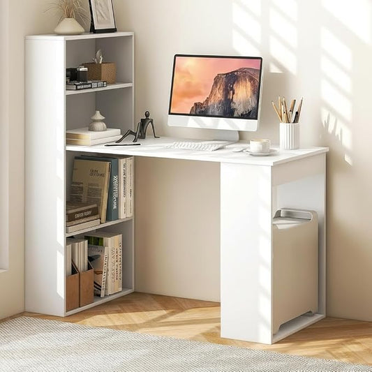 Tangkula White Computer Desk with Bookshelf, Writing Study Desk with Storage Shelves & CPU Stand, Modern Compact Computer Workstation for Home & Office, Space-Saving Design