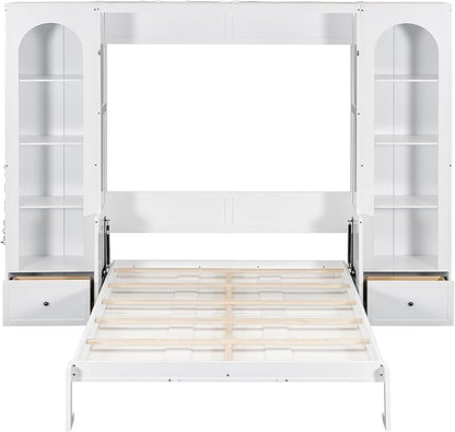 PVWIIK Queen Size Murphy Bed with Storage Drawers & Desk for Save Space & Small Space,Bedroom,Guest Room,Wall Bed Frame Folding into Cabinet Design w/LED & Storage Shelf,White