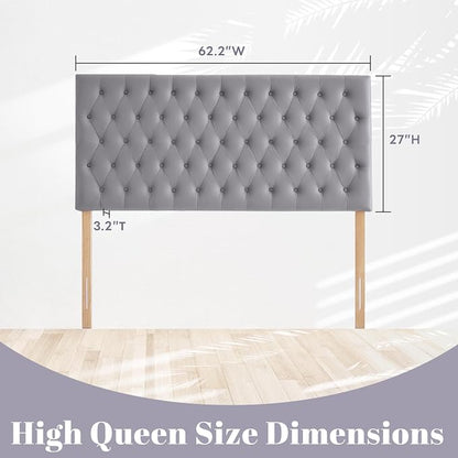 Upholstered Queen Headboard Only, Premium Velvet Button Tufted Headboards, Adjustable Solid Wood Head Board, Padded Headboard with Solid Wood Legs in Bedroom (Gray)