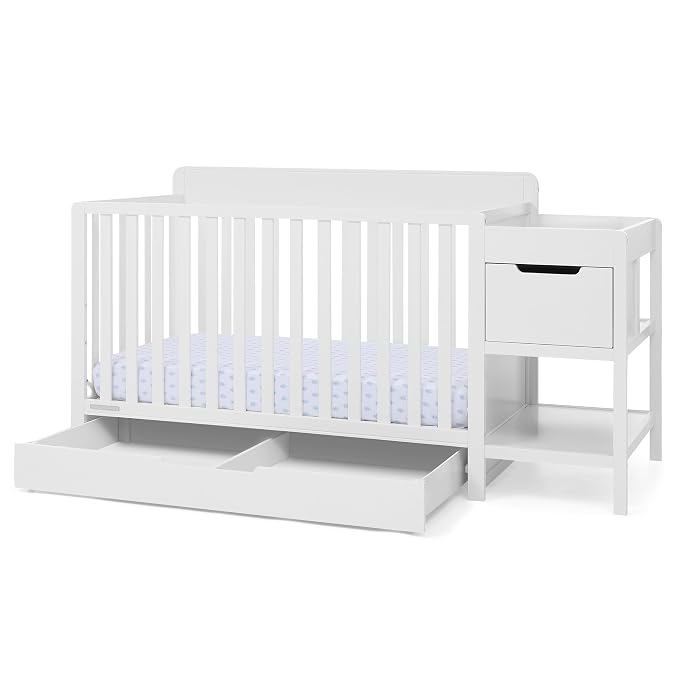 Delta Children Maya 5-in-1 Convertible Crib and Changer with Storage, Converts to Toddler Bed, Daybed, Sofa & Full Bed, Greenguard Gold Certified, 3 Mattress Heights for Baby, Bianca White