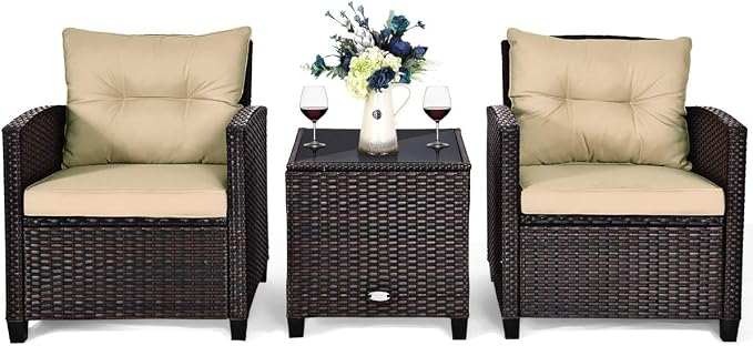 COSTWAY 3PCS Patio Furniture Set, PE Rattan Wicker Sofa w/Washable Cushion and Coffee Table, Tempered Glass Tabletop, Outdoor Conversation Set for Balcony, Porch, Yard, Backyard, Lawn, Beige