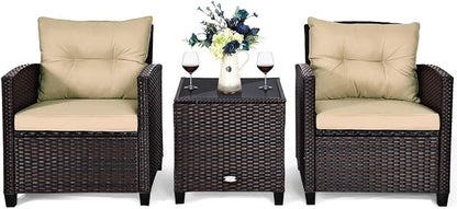 COSTWAY 3PCS Patio Furniture Set, PE Rattan Wicker Sofa w/Washable Cushion and Coffee Table, Tempered Glass Tabletop, Outdoor Conversation Set for Balcony, Porch, Yard, Backyard, Lawn, Beige