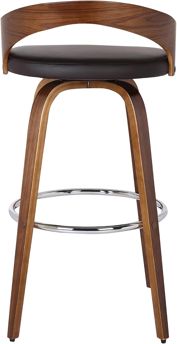 Armen Living Sonia 26" Seat Height Mid Century Modern Swivel Bar Stool for Kitchen Island Counter in Brown Faux Leather and Walnut Wood