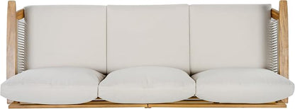 Christopher Knight Home Outdoor 3 Seater Patio Sofa with Acacia Wood Frame and Rope Weave Design, Cushioned Garden Couch with Removable Covers for Patio Deck Balcony, Teak and Beige