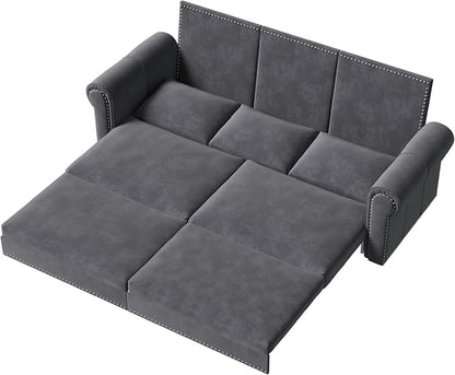 93.7" King Size Sleeper Sofa Bed, Pull Out Sofa Bed, Velvet Upholstery, 3 in 1 Convertible Sleeper Couch, Chaise Lounge, Retro Recliner for Living Room, Office, Apartment, Grey