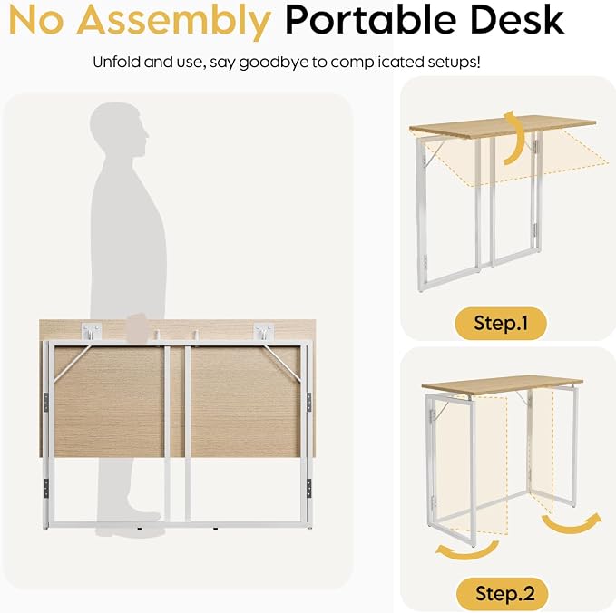 alawooder 31.5" Folding Desk: No Assembly, Wood Top for Small Spaces | Home office desk, holds 150 lbs, folds flat to 2.3 in, splash-proof wood top, sturdy metal frame
