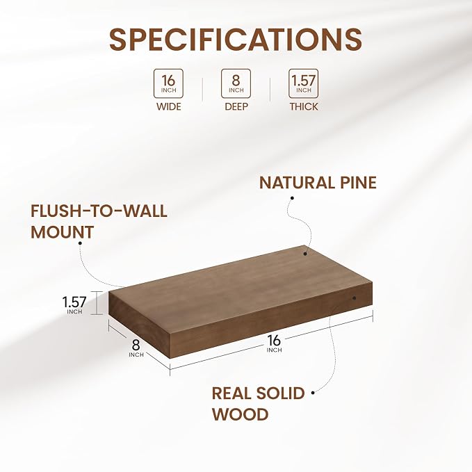 Heimlove Solid Wood Floating Shelves 16 inch, 8 Inch Deep Display Shelves Set of 2, Wall Mounted Floating Shelf with Invisible Brackets for Bathroom Bedroom Kitchen Living Room - American Walnut